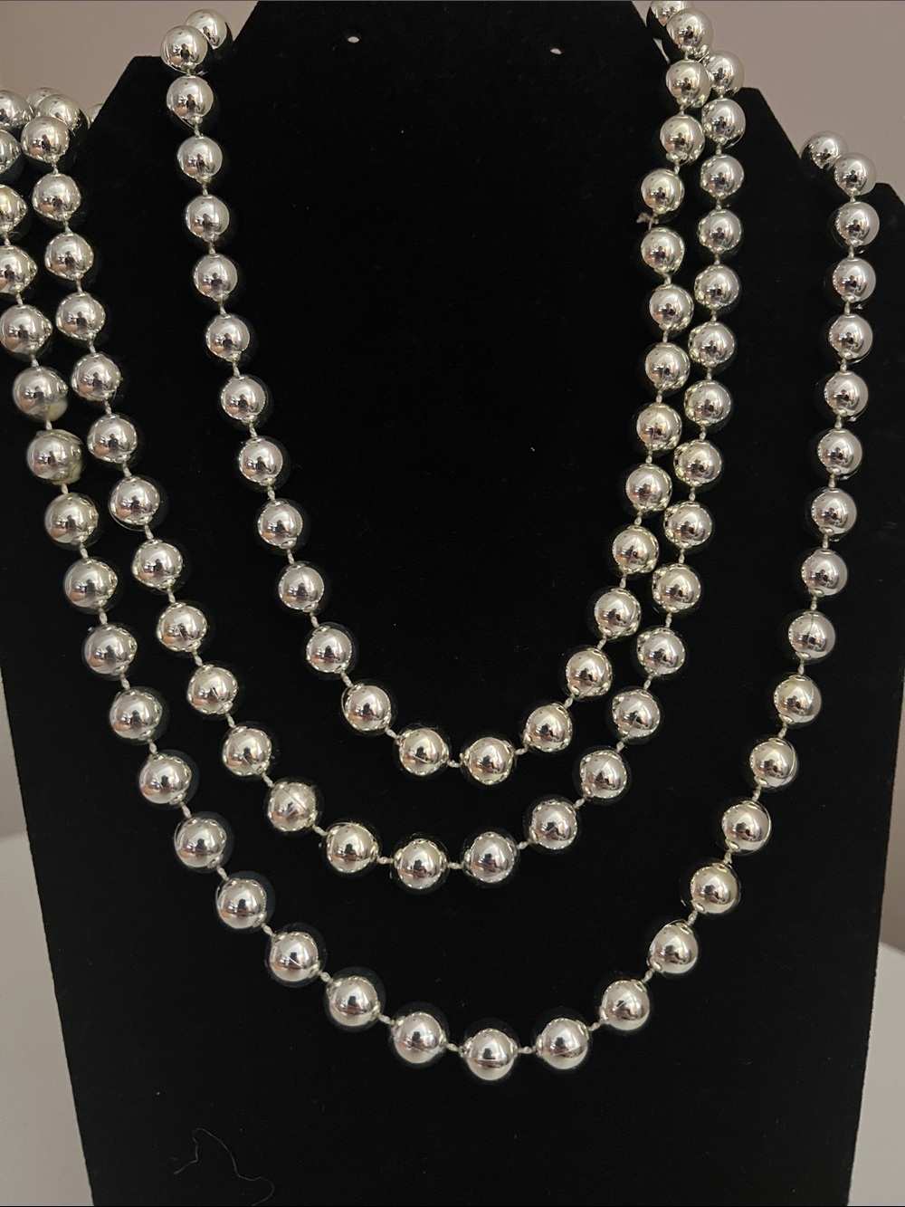 Vintage Shiny Silver Tone Extra Long Beaded Necklace - Layered